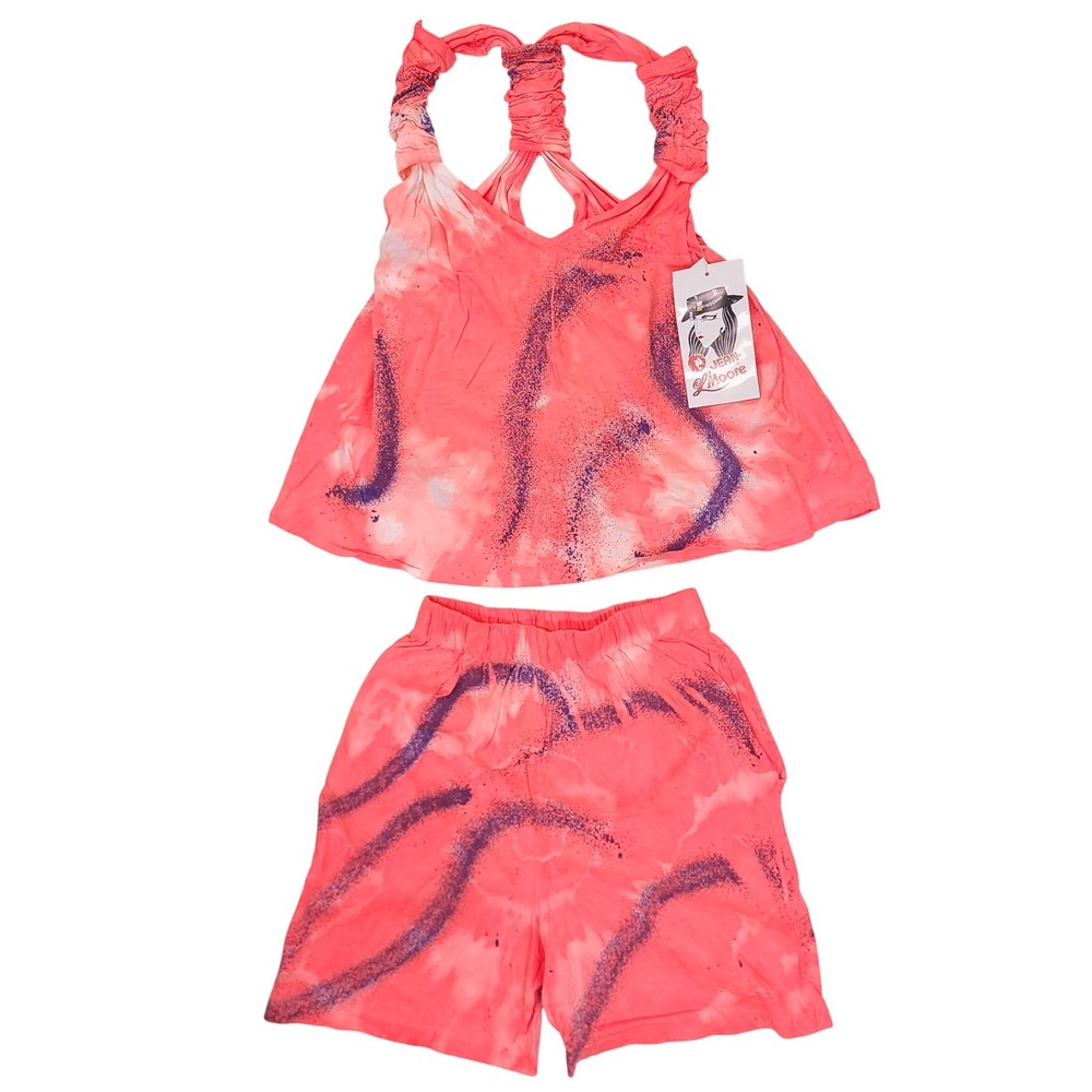 Jean L Moore Womens Neon Tie Dye 2 Piece Set Pink Orange‎ Glitter Medium Vintage